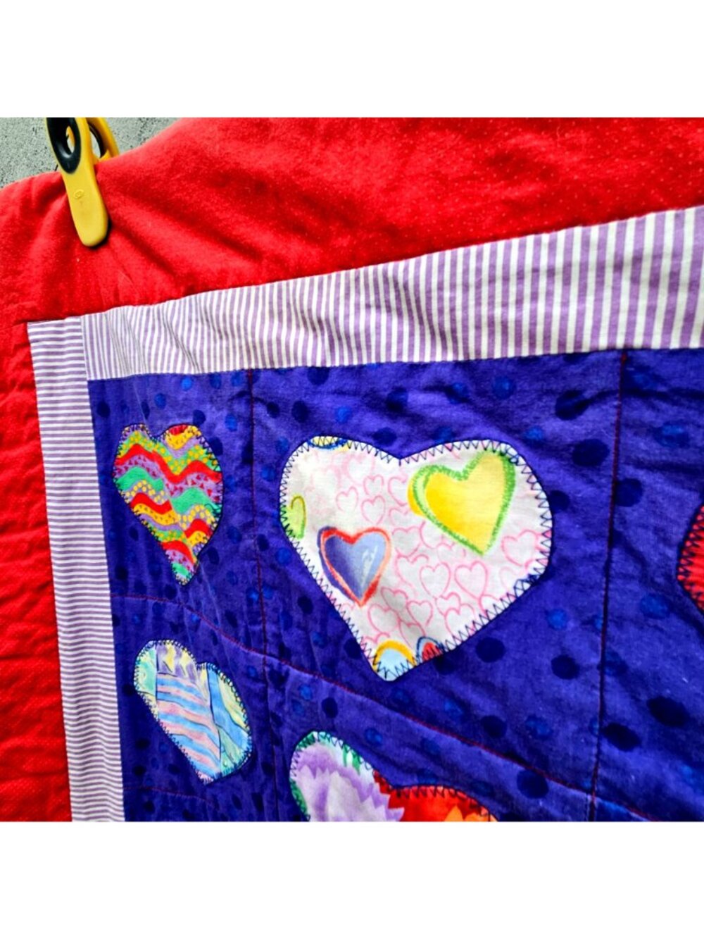Heart Quilt Handmade Red Purple Cotton Applique 54x50 - Picture 5 of 15